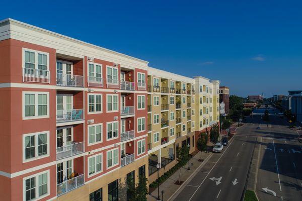 View of City Block exterior with patios