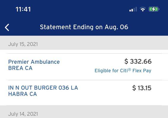 July 15th's Ambulance charge for moving mother to proper mattress.