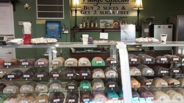 Look at all of this fudge! Good prices. Plenty of flavors. Their promotion was "buy two, get two free at $16."