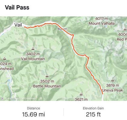 Strava map of Vail Pass to Vail ride.  Very scenic, easy ride 95% downhill.  Good for all abilities on; wide, divided paved path.