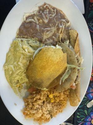 Mexican plate #2 Green enchilada, Gordita, Flauta and a Tack