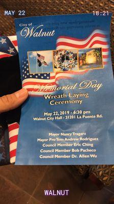 Memorial Day wreath laying ceremony 5/22/2019