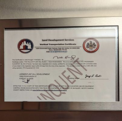 Proof of delinquent elevator certificate. Elevators were frequently out of service and were hazardous to tenants.