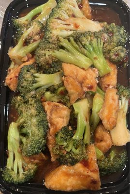 90. Bean Curd Family Style - broccoli only with garlic sauce. Leaking and oily