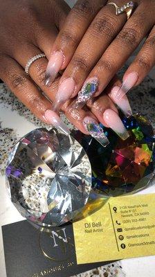 Simple glitter clear ombre and crystal accent finger sculpted