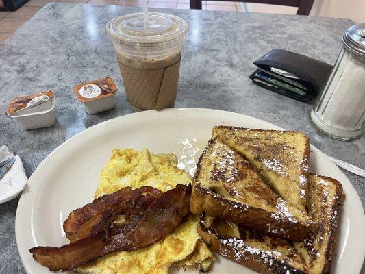 French toast, eggs and bacon