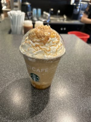 My son's favorite; the caramel ribbon crunch Frappuccino with a caramel sauce layer, and whipped cream.   It also includes caramel crumbs.