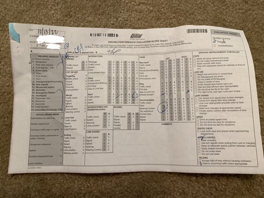 My behind the wheel test sheet