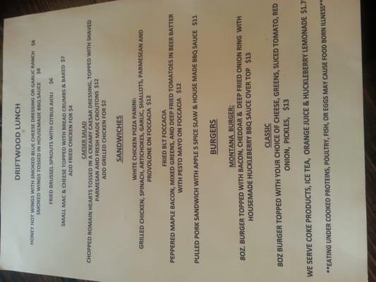 Lunch menu (served until 2 pm)