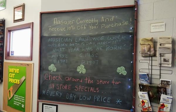 Always check out the front chalkboard at Wiehe's True Value in Barron, WI for fun information.