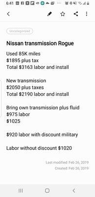 Ripoff! Transcript of repair estimate....new or used tranny was going to be $3K ++.  Think they had their business plan set!?  $$$$$