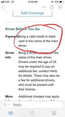 Hertz confirmation email. I see DEBIT CARD here!