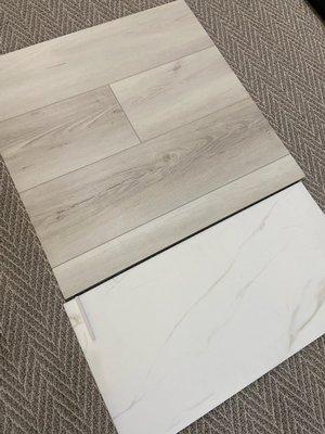 My new home floor design material. Waterproof floor and white marble tile