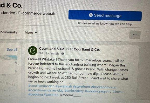 Courtland & Co. has moved to 250 Bull Street. This is Courtland's Facebook notification.