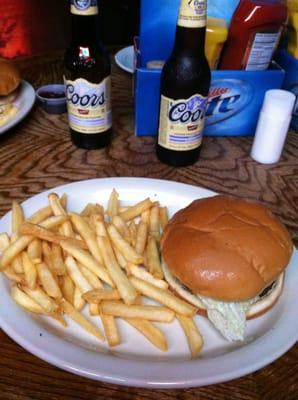 Burgers n fries followed by the cold beer.