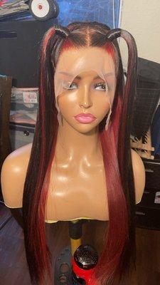 Available !!   28' raw human hair custom black & crimson wig