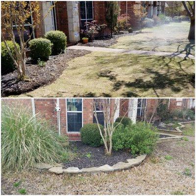 Before After... flower bed reconfigured and new Bermuda grass sod installed