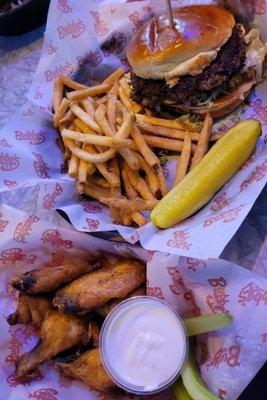 Burger with fries and Wings. Great food!