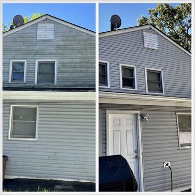 Before and after power washing and the new gutters installed.