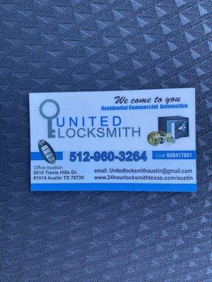 United Locksmith Austin business card