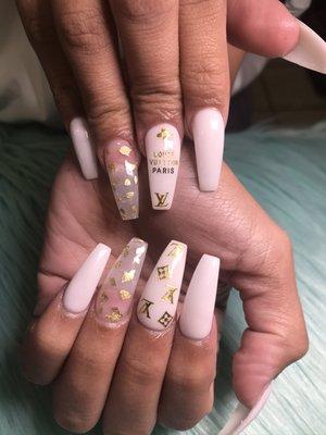 Luxury nails LV with gold foil accent nail