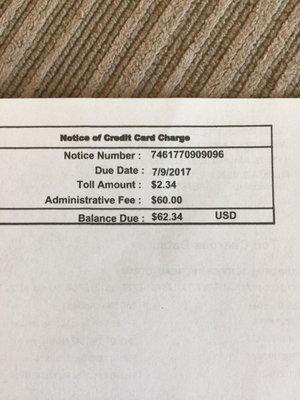 In Harlingen TX  Used the Toll roads down there for a total of $2.34. But was charged 60$ administration fees.