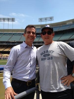 Los Angeles Mayor Eric Garcetti & Dr. K  enjoying the  2013 High School Championship game at Dodger Stadium. SF 2, Clev. 1