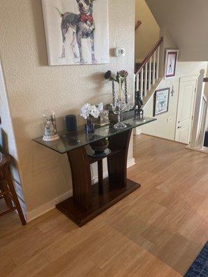 Same design as dining room table - dark brown long glass side table