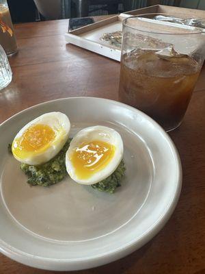 Jammy eggs and iced coffee