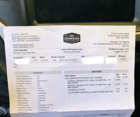 The invoice for service with the 134360 kilometers reading recorded as miles instead of the actual miles which is actual 83487.433 miles.