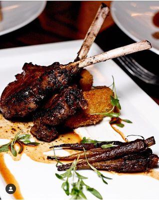 Pan seared lamp chops with roasted glaze carrots with a Balsamic glaze