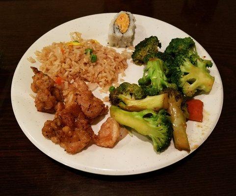 Pepper chicken, fried rice, spicy crab maki, and broccoli and carrot from the beef and broccoli.