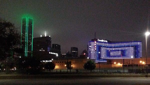 A foggy morning downtown Dallas, TX Omni Hotel Downtown Dallas, and the Bank of America Building.