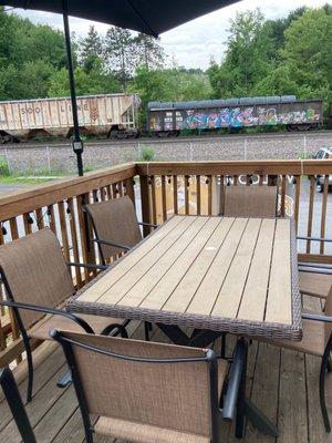 View of trains from deck, which even has music!