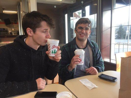 Two dudes enjoying some premium, frothy hot chocolate at Dunkin in Old Lyme!