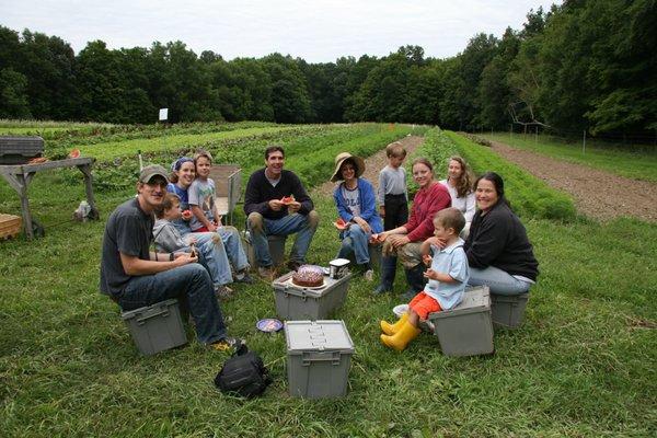 Celebrating a birthday with harvest volunteers and friends