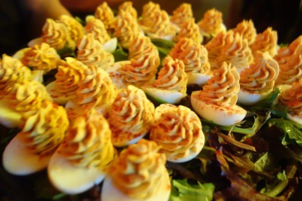 Spicy deviled eggs from Route 66 Smokehouse going around the connoisseurs lounge at the Winter 2013 NYC Craft Beer Festival