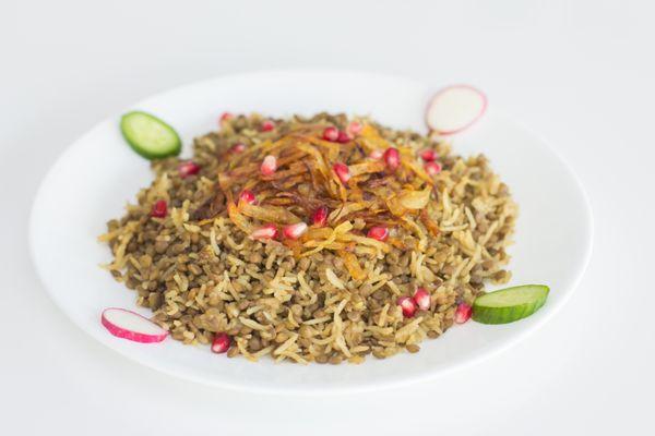 Lentil and rice topped with fried onion