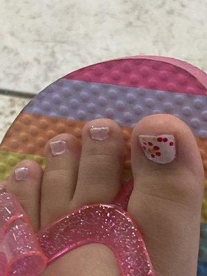 Very disappointed they didn't even ask if they could put a design on my daughters toes worst place ever! Sloppy work