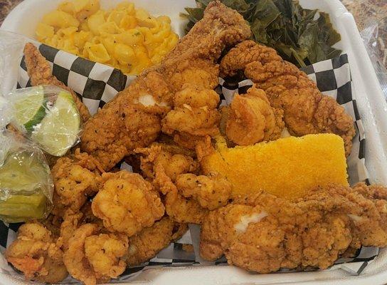 Catfish, shrimp,mac, greens, cornbread