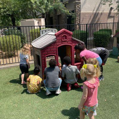 Kids investigating different bugs they can find outside