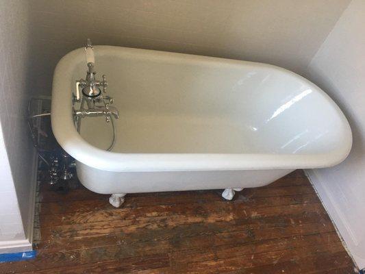 New faucet on claw foot tub. Also has thermostatic mixer installed as required by Ohio Plumbing Code.