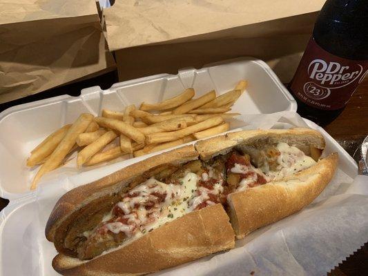 Eggplant Parmesan Sandwich French Fries 20 oz. Dr Pepper