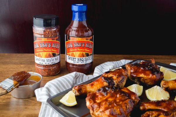 Chicken Wings seasoned with "Carolina Style Rub" & topped w/ Sweet Honey BBQ Sauce!