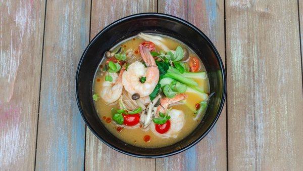 TOM YUM NOODLE SOUP, shrimp, vermicelli noodles, mushroom, baby bok choy