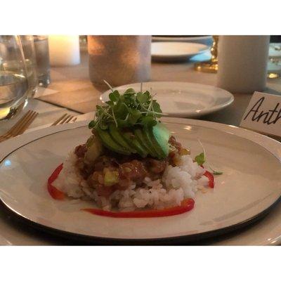 Tuna poke over sticky rice with avocado!