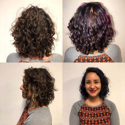 Before, Mid, & After of Pintura Highlights for curly hair.