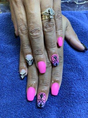 Acrylic with Hand Drawn Nail Design by Jennifer