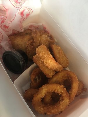 Fried chicken and onion rings. Missing biscuit :(