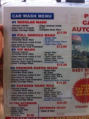 Wash menu